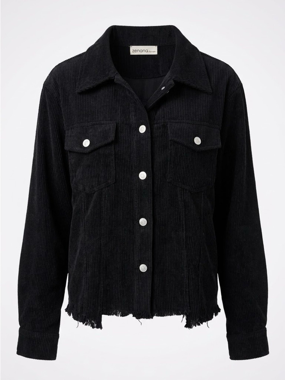 Zenana Outfitters Black Corduroy Button-Front Jacket with Frayed Hem